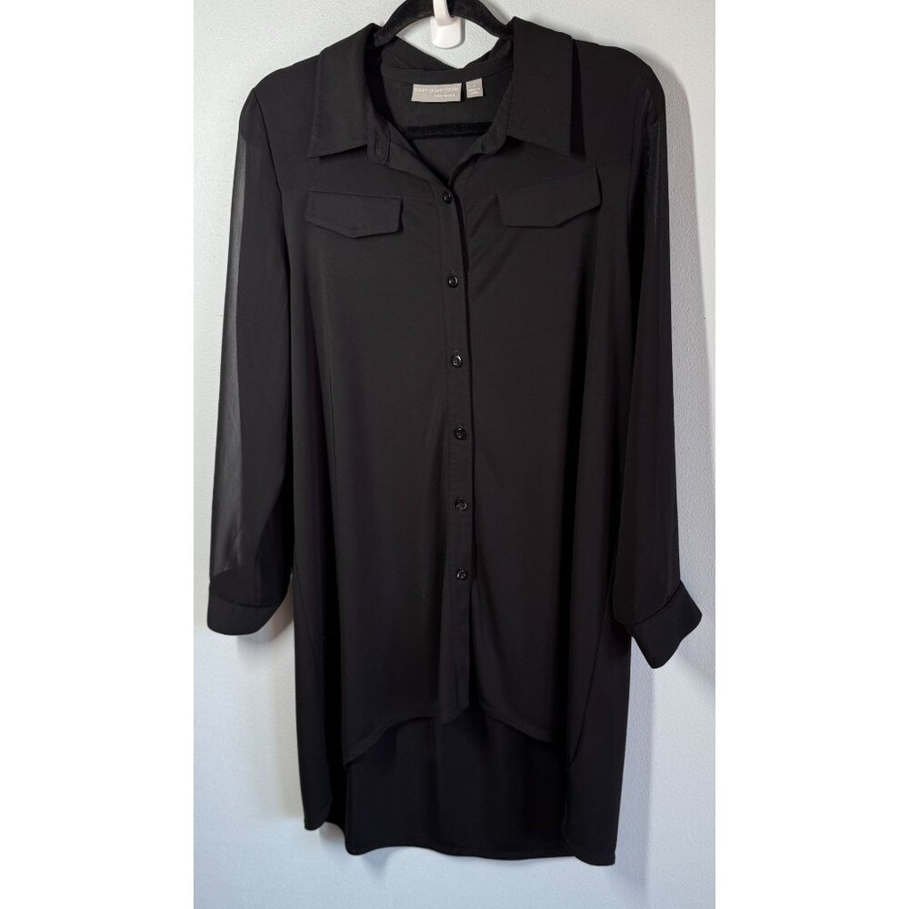 Susan Graver Premier Womens Small Sheer Sleeves Knit Button Front Top Black Flow